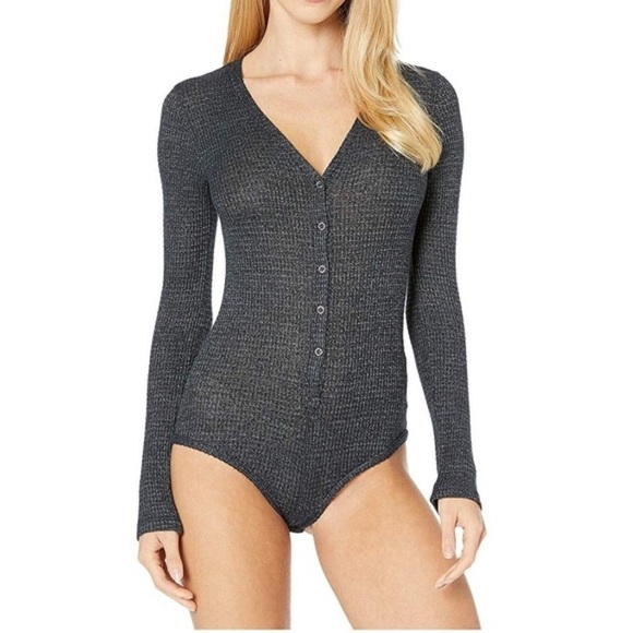 NEW Free People Keep Your Cool Waffle-Knit Bodysuit Charcoal Gray - Picture 2 of 5